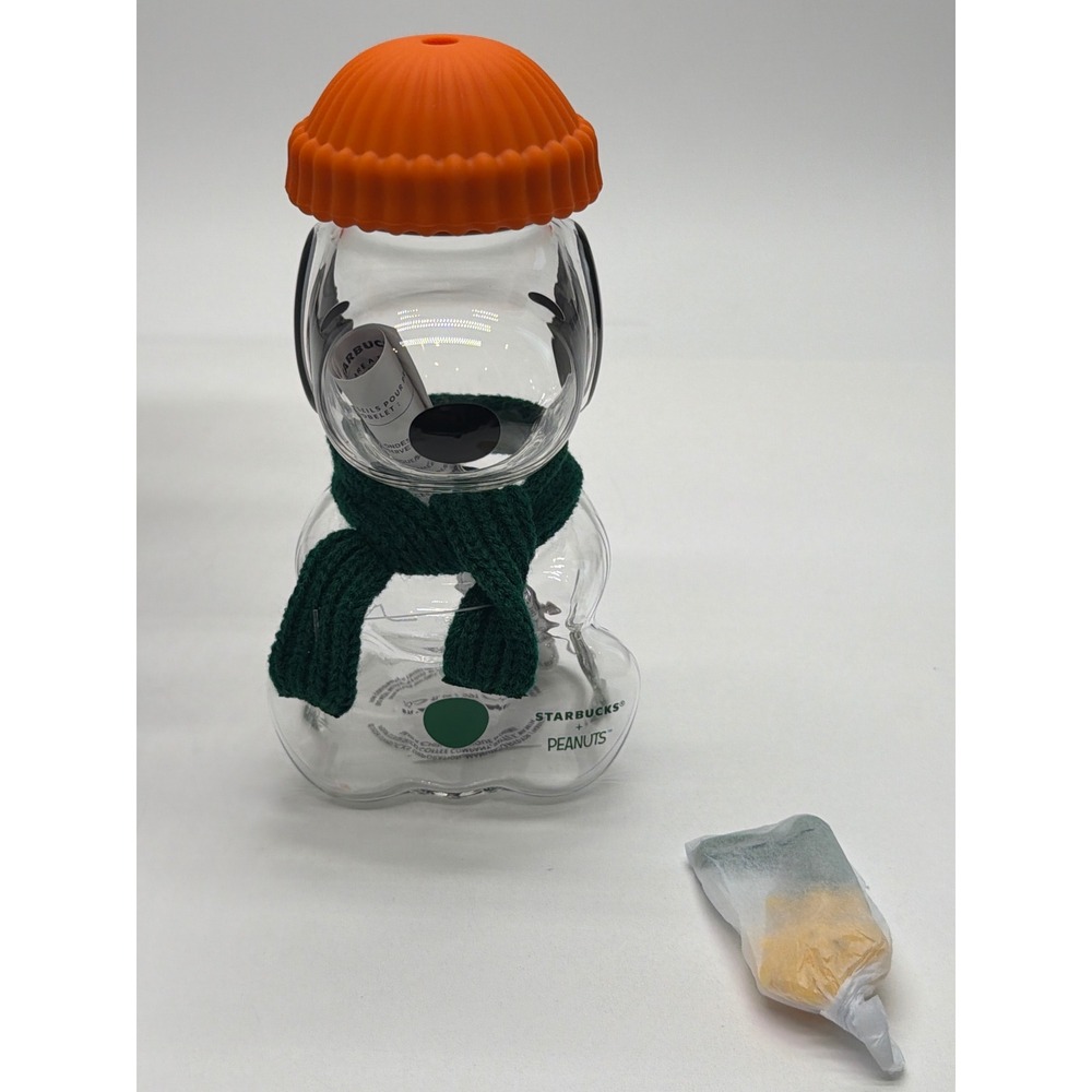 Starbucks Peanuts Snoopy Glass Cold Cup 20oz Orange Beanie Scarf 11187253 NEW
